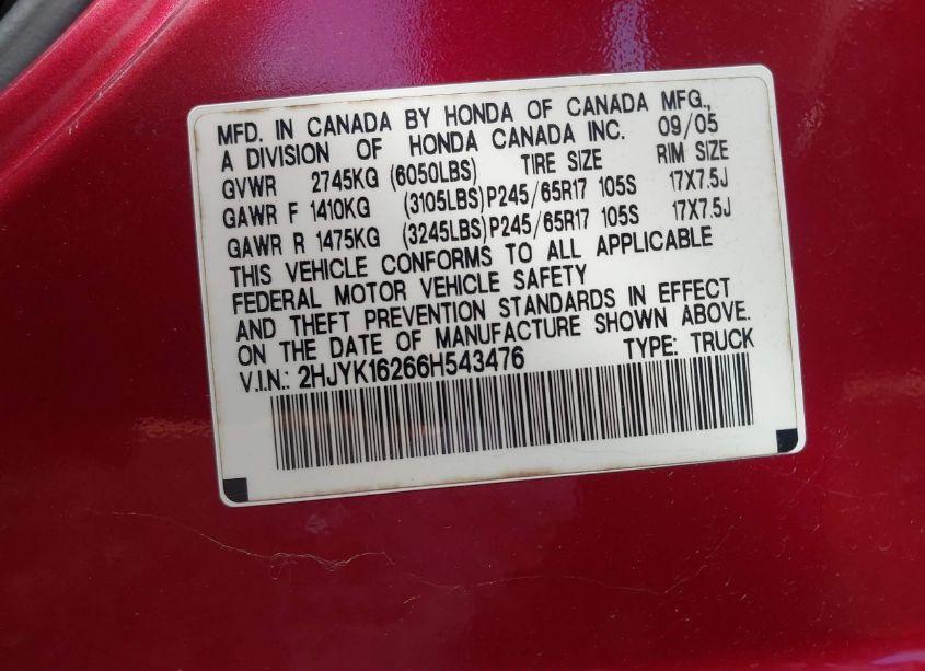 Photo 9 of 2006 Honda Ridgeline RT (VIN 2HJYK16266H543476)