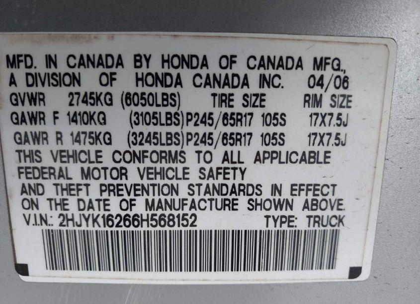 Photo 9 of 2006 Honda Ridgeline RT (VIN 2HJYK16266H568152)