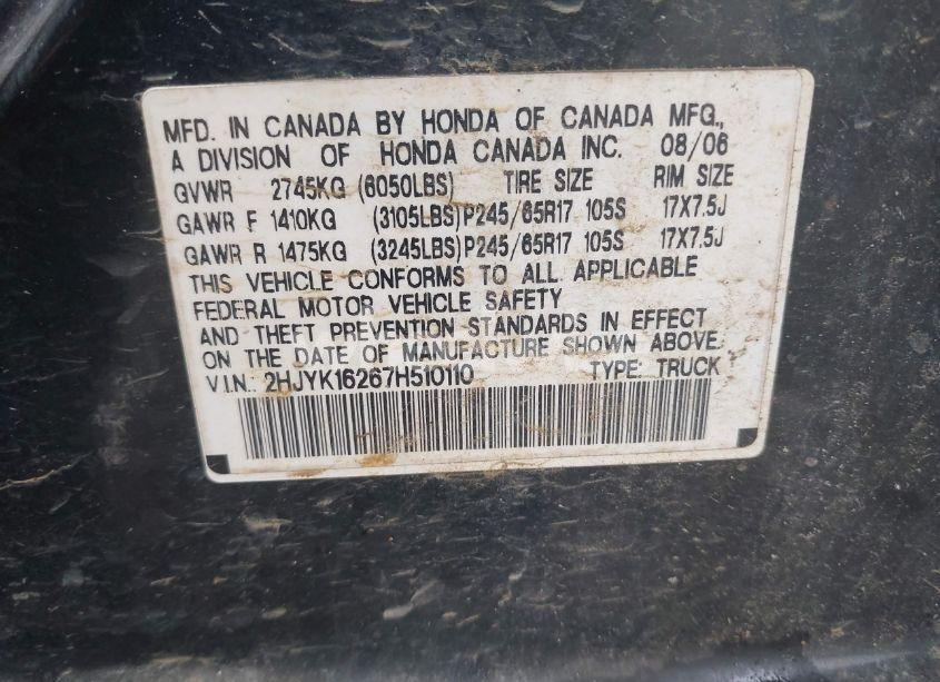 Photo 9 of 2007 Honda Ridgeline RT (VIN 2HJYK16267H510110)