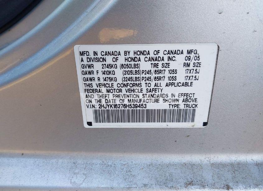 Photo 9 of 2006 Honda Ridgeline RT (VIN 2HJYK16276H539453)