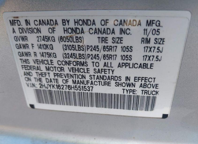 Photo 9 of 2006 Honda Ridgeline RT (VIN 2HJYK16276H551537)