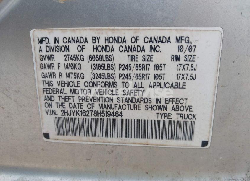 Photo 9 of 2008 Honda Ridgeline RT (VIN 2HJYK16278H519464)