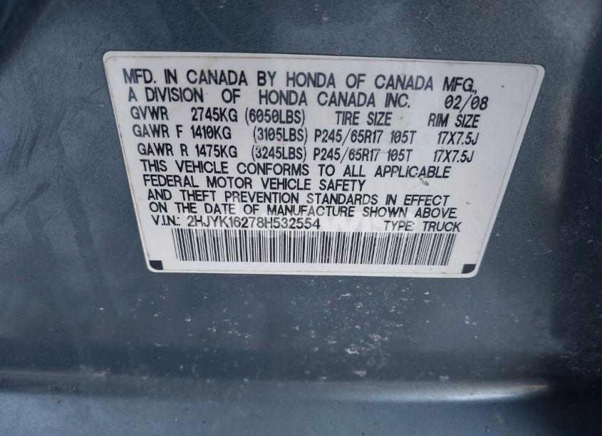 Photo 9 of 2008 Honda Ridgeline RT (VIN 2HJYK16278H532554)