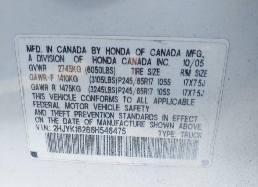 Photo 9 of 2006 Honda Ridgeline RT (VIN 2HJYK16286H546475)