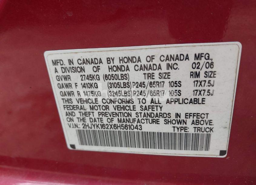 Photo 9 of 2006 Honda Ridgeline RT (VIN 2HJYK162X6H561043)