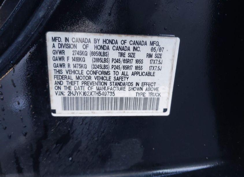 Photo 9 of 2007 Honda Ridgeline RT (VIN 2HJYK162X7H549735)