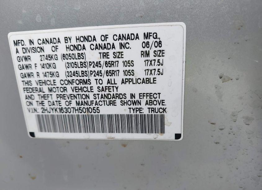 Photo 9 of 2007 Honda Ridgeline RTX (VIN 2HJYK16307H501055)