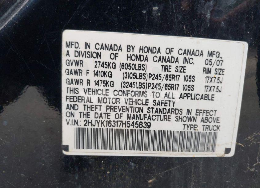 Photo 9 of 2007 Honda Ridgeline RTX (VIN 2HJYK16317H545839)