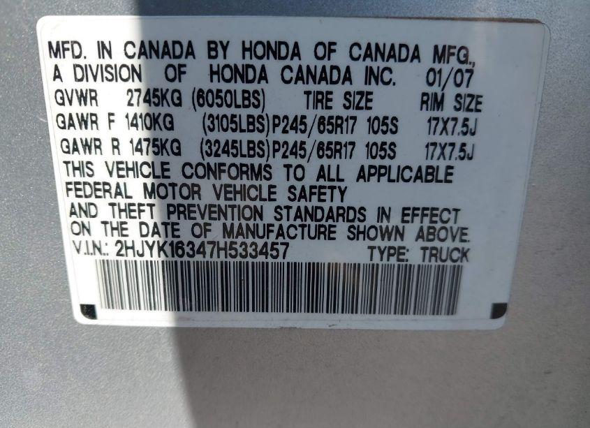 Photo 9 of 2007 Honda Ridgeline RTX (VIN 2HJYK16347H533457)