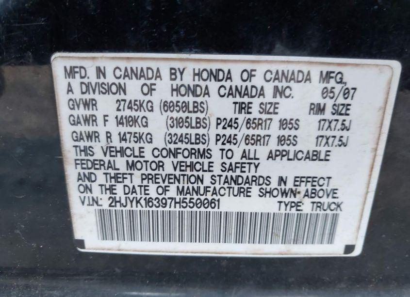 Photo 9 of 2007 Honda Ridgeline RTX (VIN 2HJYK16397H550061)