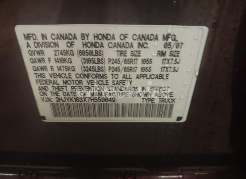 Photo 9 of 2007 Honda Ridgeline RTX (VIN 2HJYK163X7H550649)