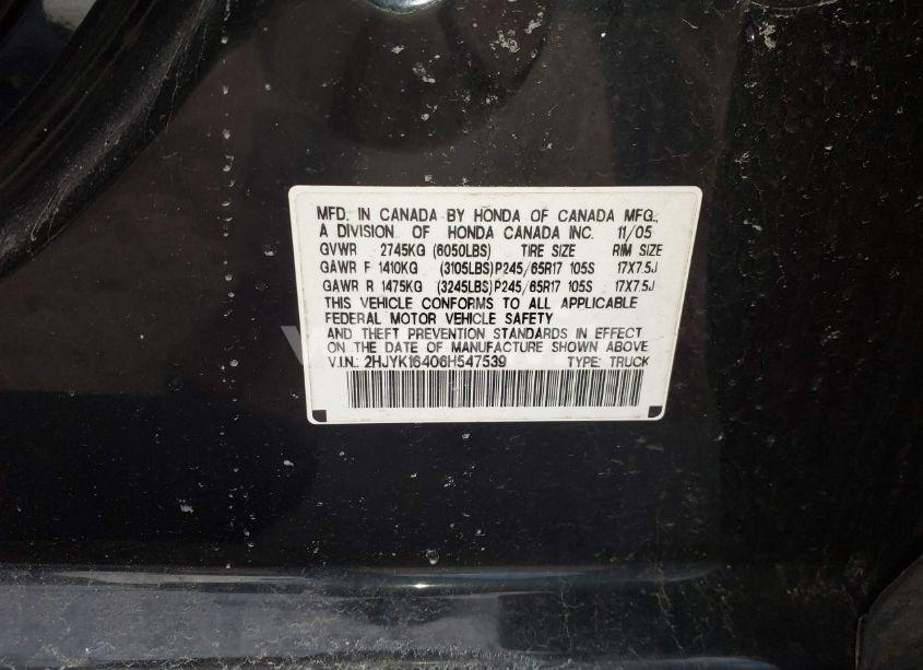 Photo 9 of 2006 Honda Ridgeline RTS (VIN 2HJYK16406H547539)