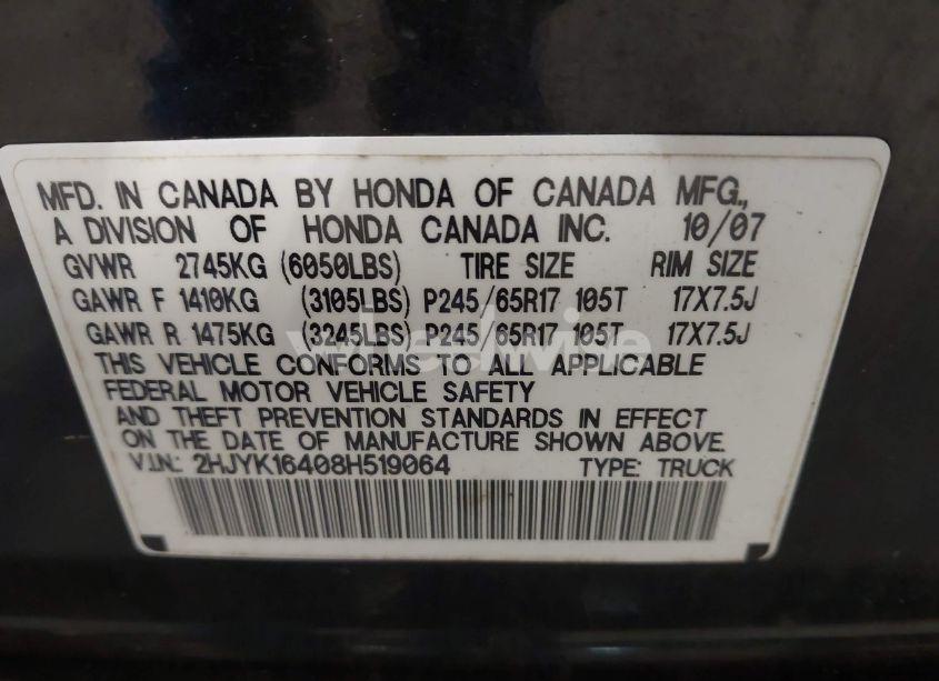 Photo 9 of 2008 Honda Ridgeline RTS (VIN 2HJYK16408H519064)