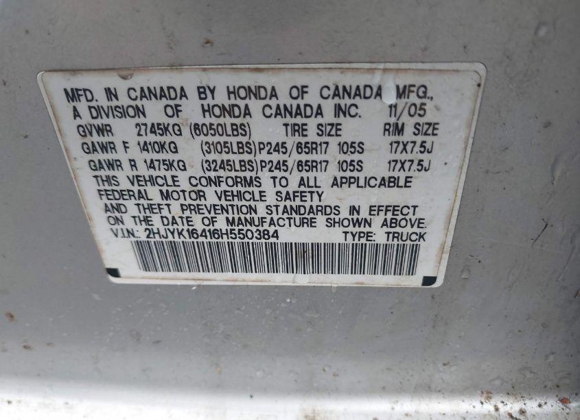 Photo 9 of 2006 Honda Ridgeline RTS (VIN 2HJYK16416H550384)