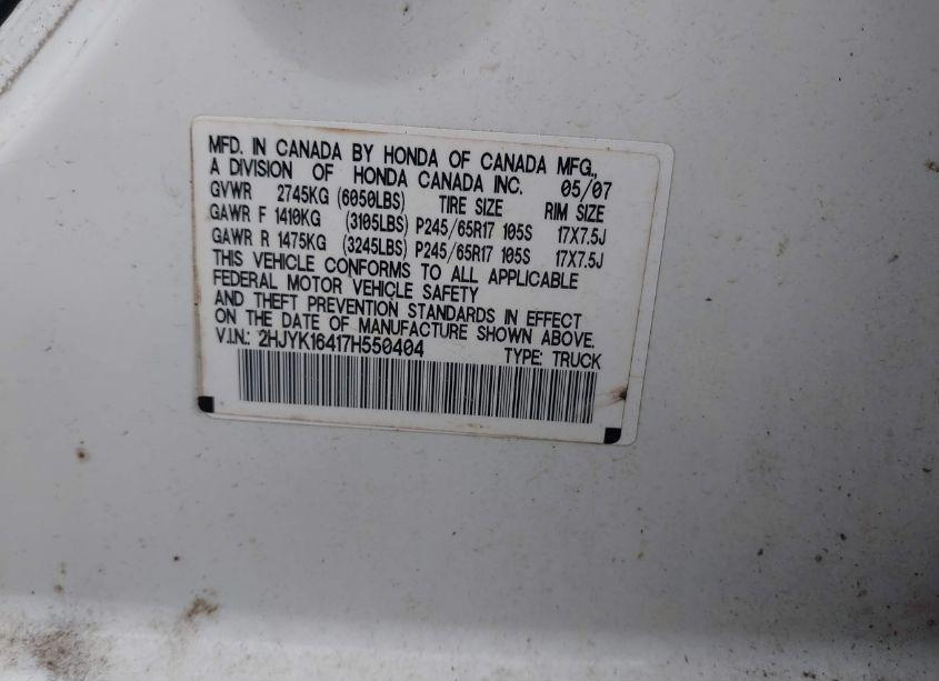 Photo 9 of 2007 Honda Ridgeline RTS (VIN 2HJYK16417H550404)