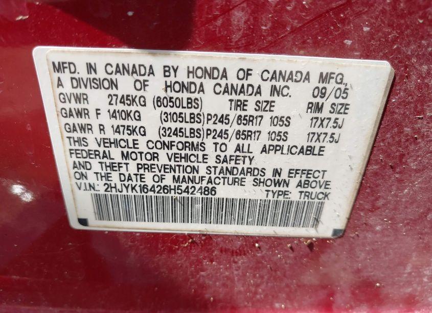 Photo 9 of 2006 Honda Ridgeline RTS (VIN 2HJYK16426H542486)