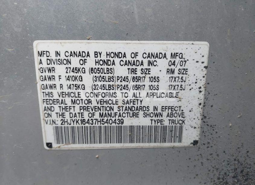 Photo 9 of 2007 Honda Ridgeline RTS (VIN 2HJYK16437H540439)