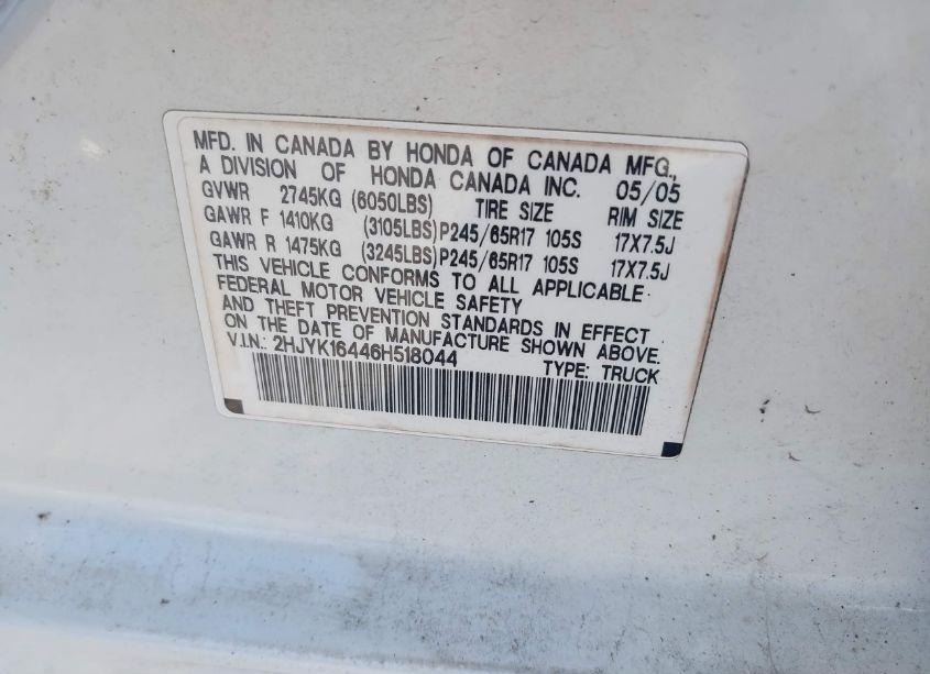 Photo 9 of 2006 Honda Ridgeline RTS (VIN 2HJYK16446H518044)