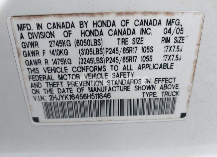 Photo 9 of 2006 Honda Ridgeline RTS (VIN 2HJYK16456H511846)