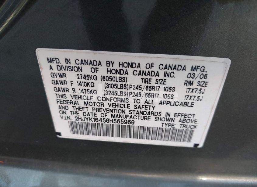 Photo 9 of 2006 Honda Ridgeline RTS (VIN 2HJYK16456H565969)