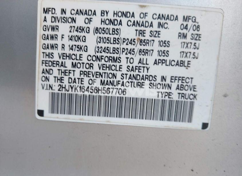 Photo 9 of 2006 Honda Ridgeline RTS (VIN 2HJYK16456H567706)