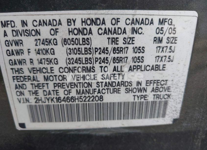 Photo 9 of 2006 Honda Ridgeline RTS (VIN 2HJYK16466H522208)