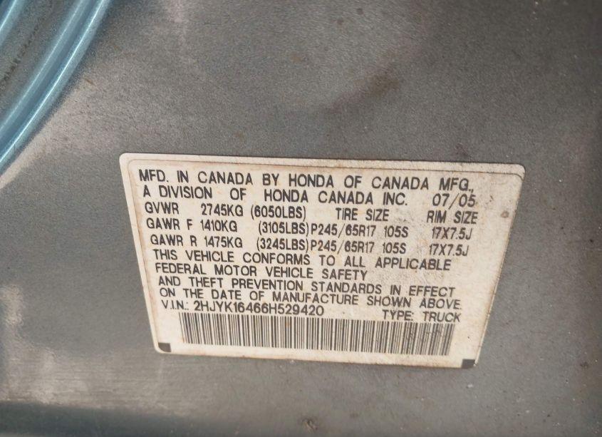 Photo 9 of 2006 Honda Ridgeline RTS (VIN 2HJYK16466H529420)