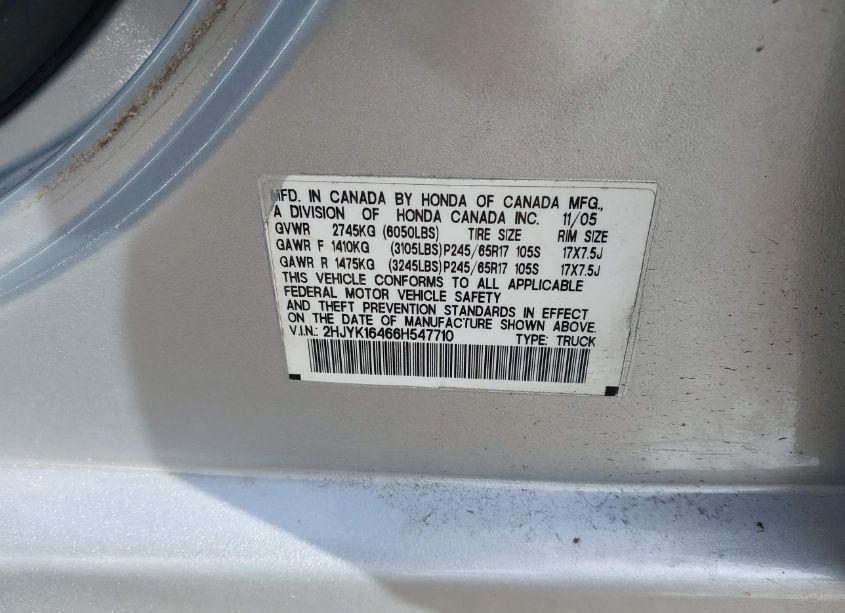 Photo 9 of 2006 Honda Ridgeline RTS (VIN 2HJYK16466H547710)