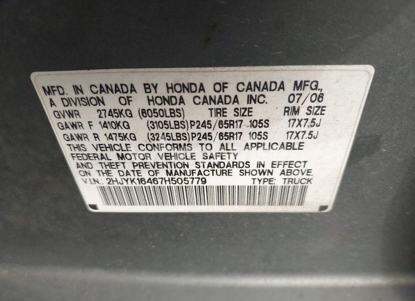 Photo 9 of 2007 Honda Ridgeline RTS (VIN 2HJYK16467H505779)