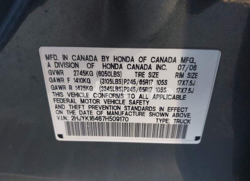 Photo 9 of 2007 Honda Ridgeline RTS (VIN 2HJYK16467H509170)