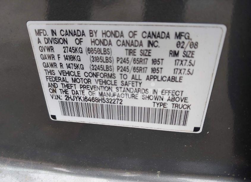 Photo 9 of 2008 Honda Ridgeline RTS (VIN 2HJYK16468H532272)