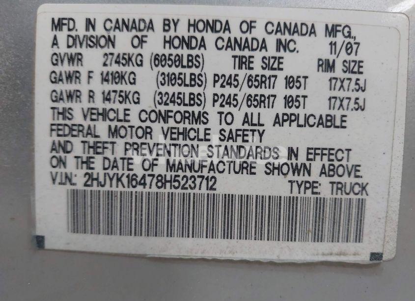 Photo 9 of 2008 Honda Ridgeline RTS (VIN 2HJYK16478H523712)