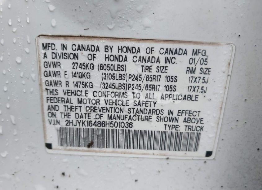 Photo 9 of 2006 Honda Ridgeline RTS (VIN 2HJYK16486H501036)