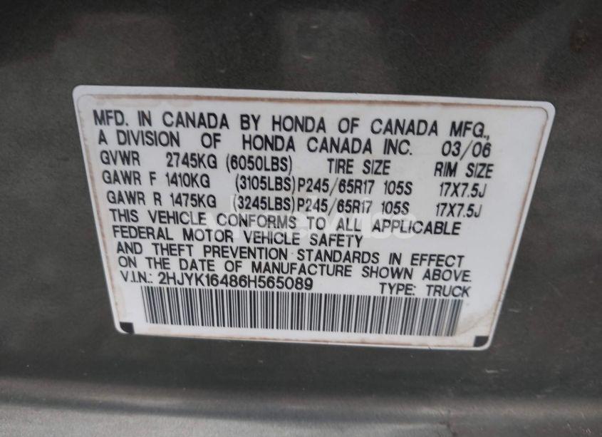 Photo 9 of 2006 Honda Ridgeline RTS (VIN 2HJYK16486H565089)