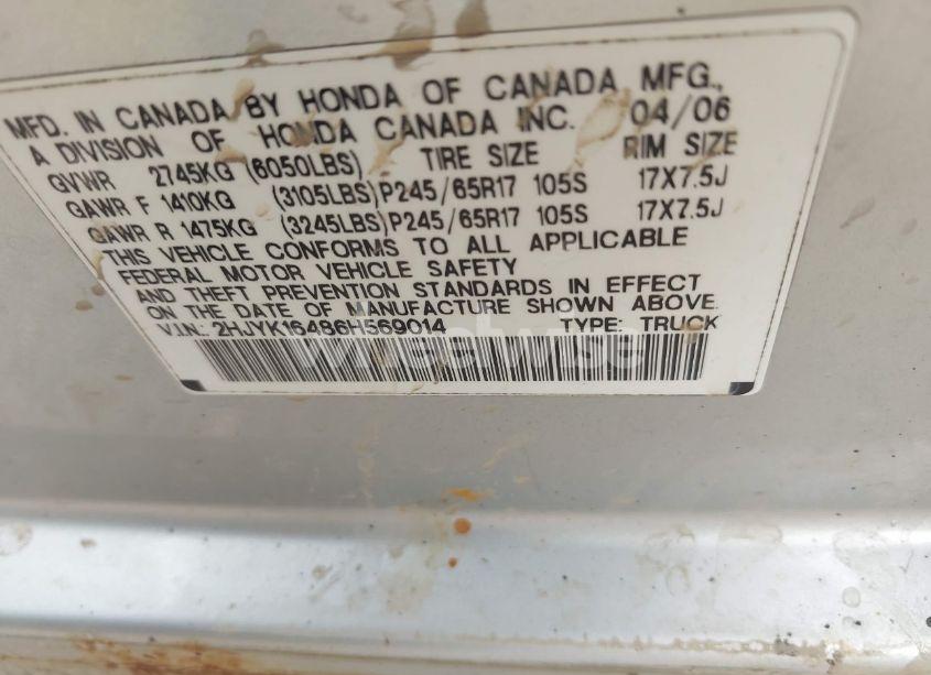 Photo 9 of 2006 Honda Ridgeline RTS (VIN 2HJYK16486H569014)