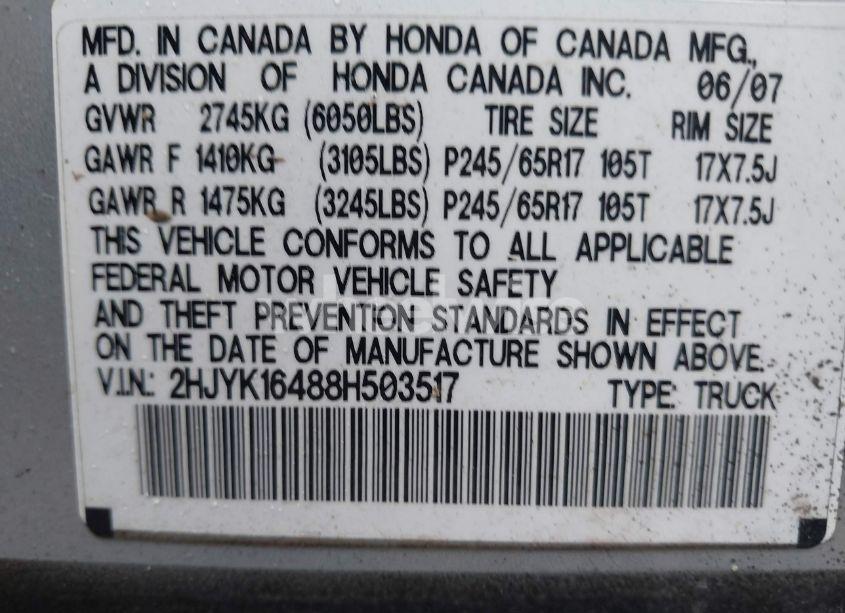 Photo 9 of 2008 Honda Ridgeline RTS (VIN 2HJYK16488H503517)