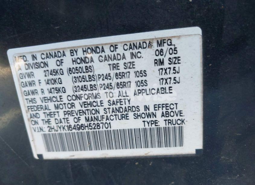 Photo 9 of 2006 Honda Ridgeline RTS (VIN 2HJYK16496H528701)