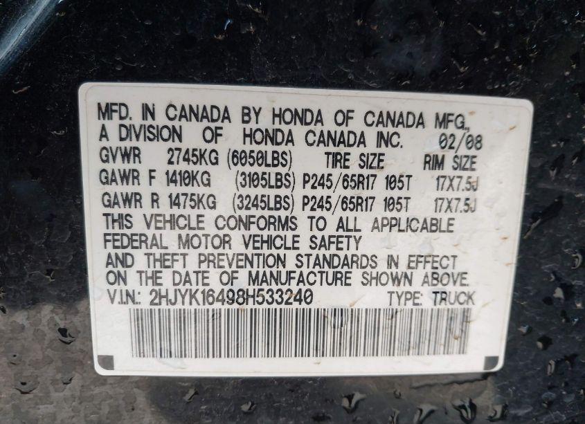 Photo 9 of 2008 Honda Ridgeline RTS (VIN 2HJYK16498H533240)