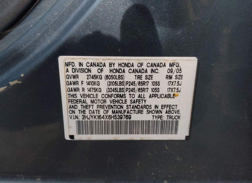 Photo 9 of 2006 Honda Ridgeline RTS (VIN 2HJYK164X6H539769)