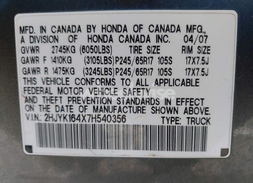Photo 9 of 2007 Honda Ridgeline RTS (VIN 2HJYK164X7H540356)