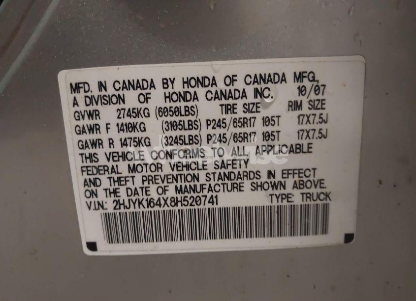 Photo 9 of 2008 Honda Ridgeline RTS (VIN 2HJYK164X8H520741)