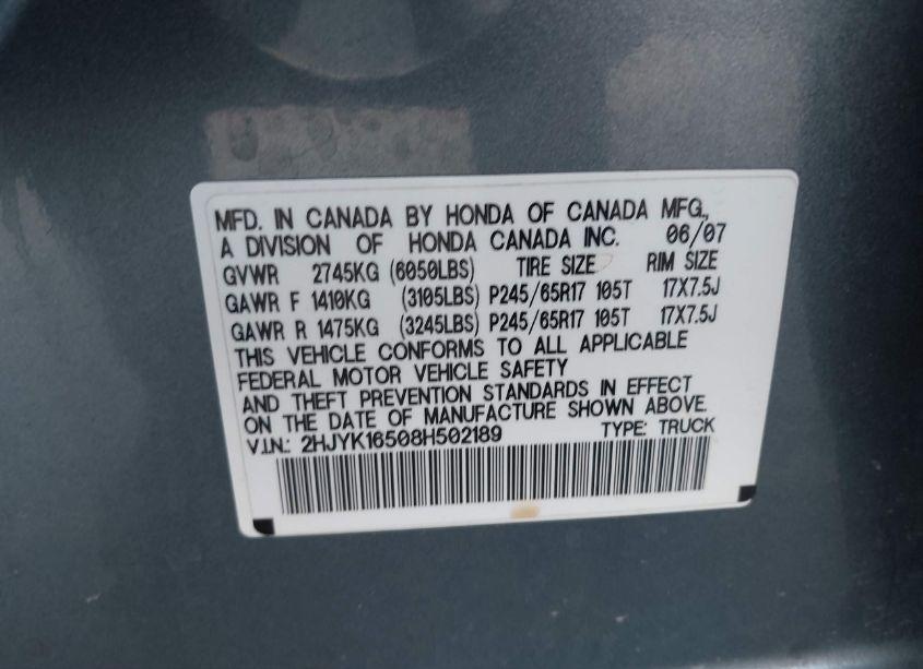 Photo 9 of 2008 Honda Ridgeline RTL (VIN 2HJYK16508H502189)