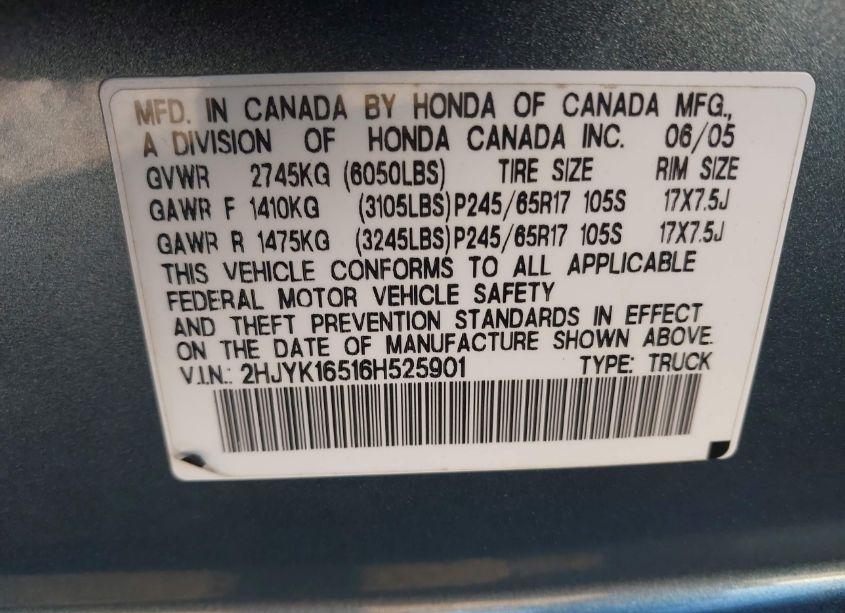 Photo 9 of 2006 Honda Ridgeline RTL (VIN 2HJYK16516H525901)