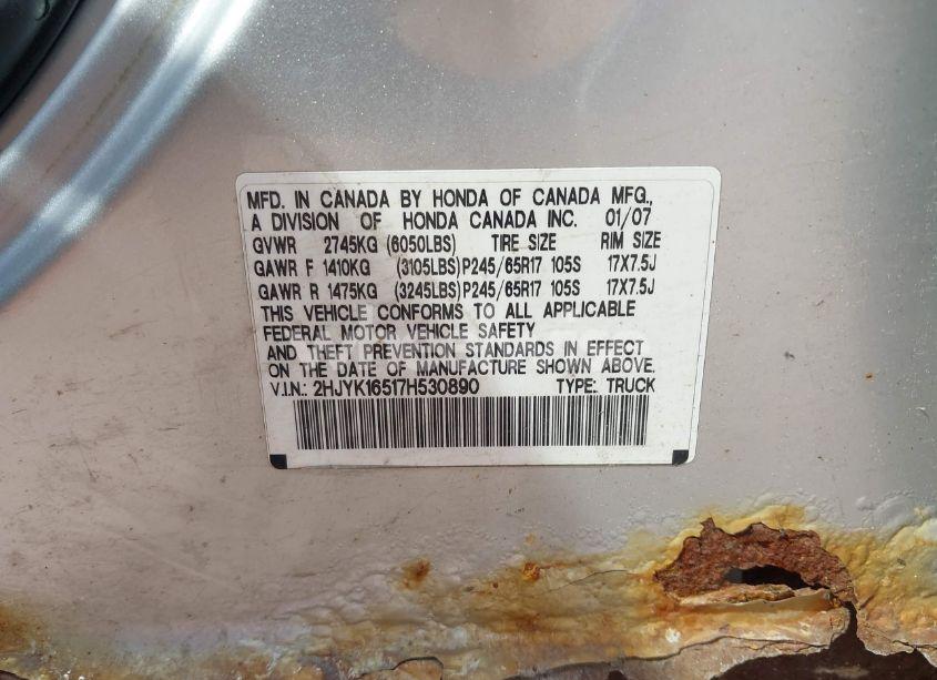 Photo 9 of 2007 Honda Ridgeline RTL (VIN 2HJYK16517H530890)