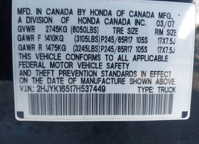 Photo 9 of 2007 Honda Ridgeline RTL (VIN 2HJYK16517H537449)