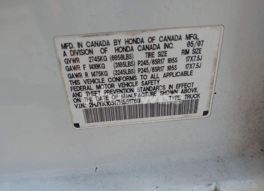 Photo 9 of 2007 Honda Ridgeline RTL (VIN 2HJYK16517H551769)