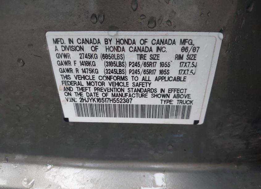 Photo 9 of 2007 Honda Ridgeline RTL (VIN 2HJYK16517H552307)