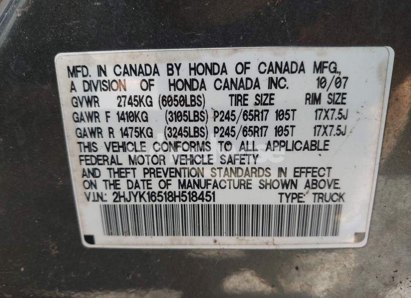 Photo 9 of 2008 Honda Ridgeline RTL (VIN 2HJYK16518H518451)