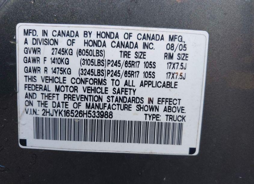 Photo 9 of 2006 Honda Ridgeline RTL (VIN 2HJYK16526H533988)