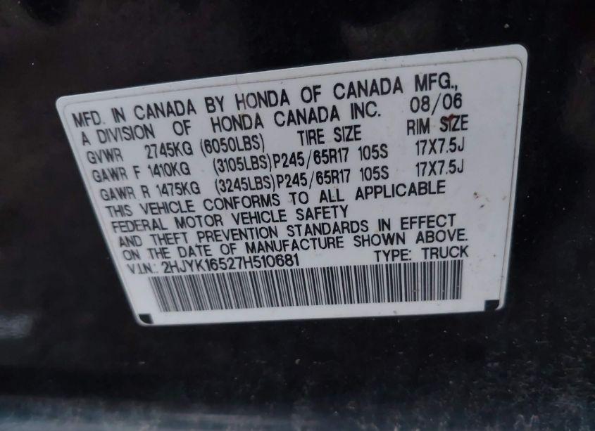 Photo 9 of 2007 Honda Ridgeline RTL (VIN 2HJYK16527H510681)